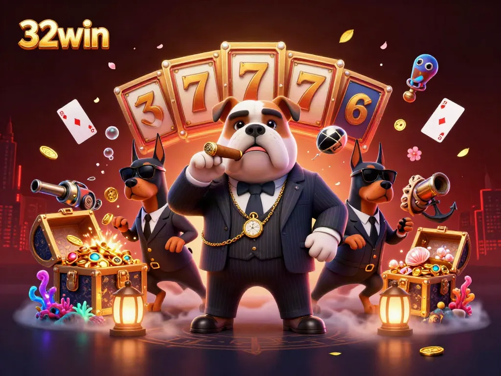 Spin to win at 32win with dynamic slot reels and vibrant casino elements.