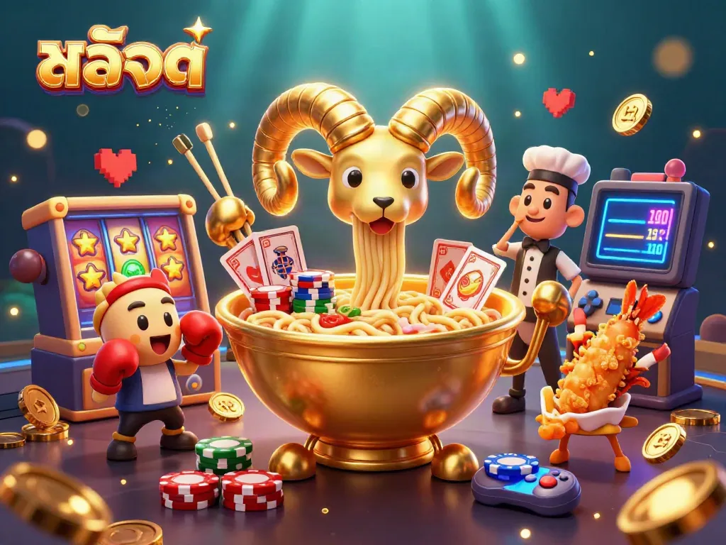 Experience exciting สล็อต gameplay with colorful slots, a giant ramen bowl dealer, and vibrant casino atmosphere.