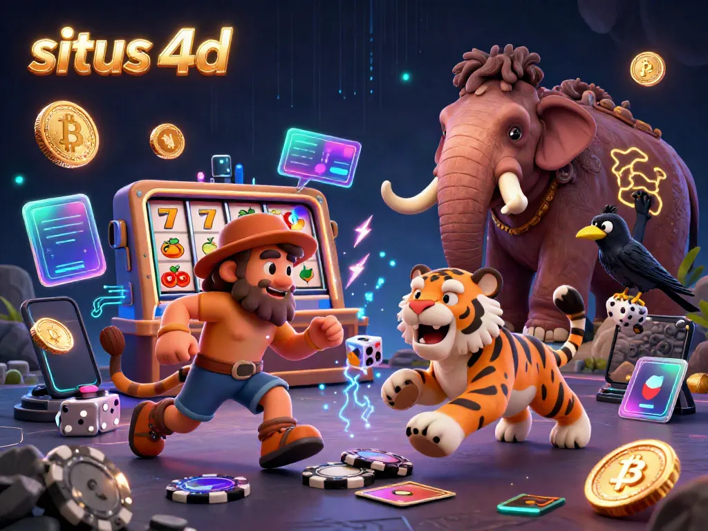 Experience the excitement of situs 4d in a colorful prehistoric casino with a caveman, tiger, and crow.