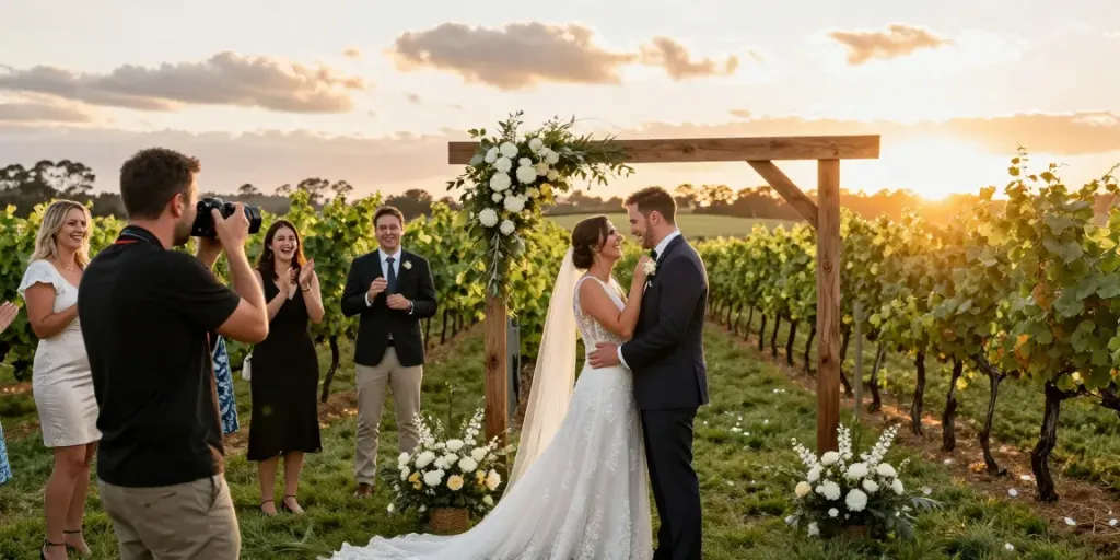Wedding photographer Hunter Valley capturing authentic moments during a golden hour vineyard ceremony.