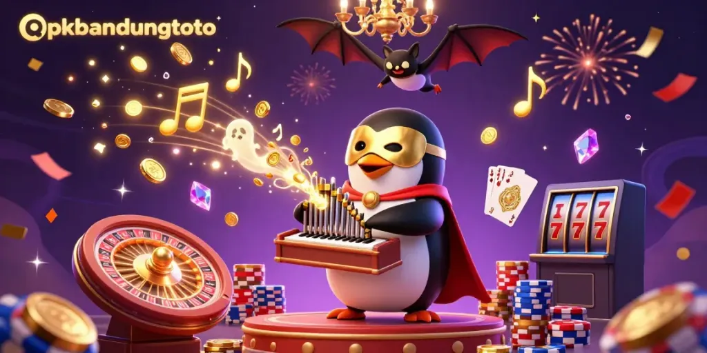 Experience the thrill of apkbandungtoto with a vibrant 3D casino-themed scene featuring a phantom opera penguin and golden music.