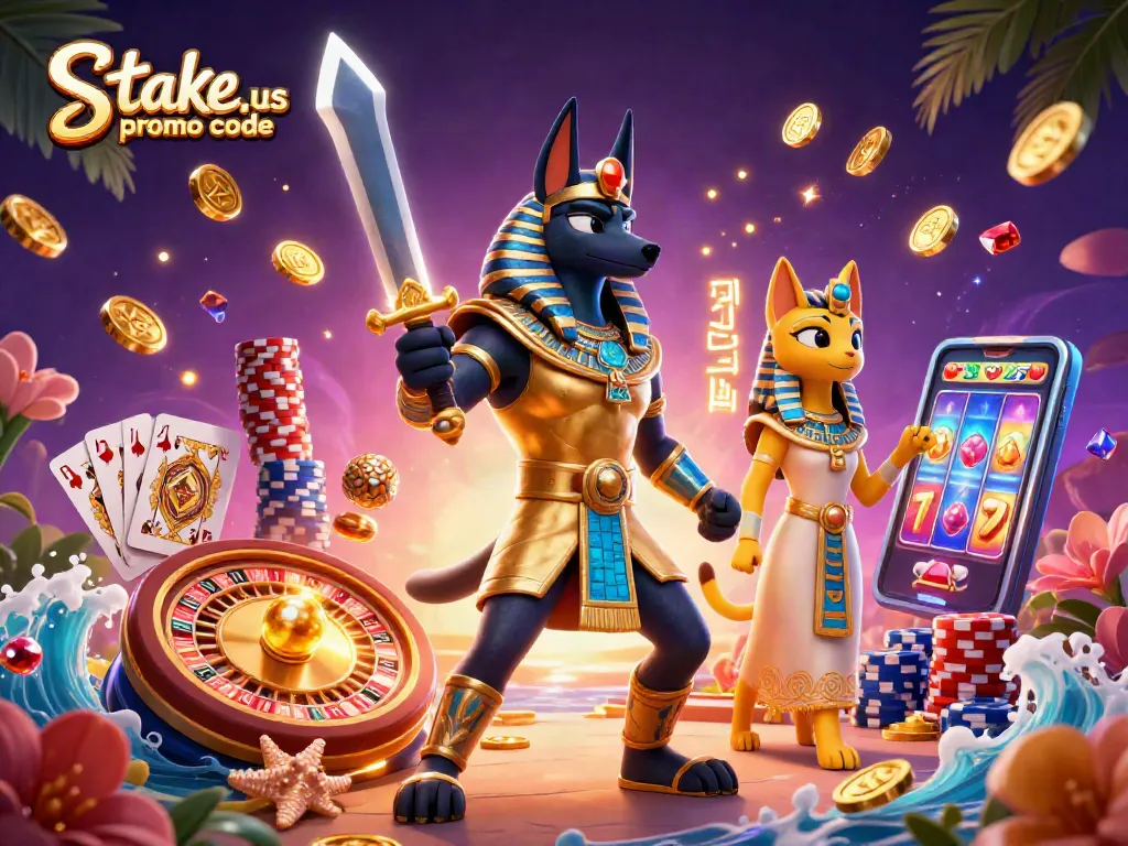 Claim your bonus using stake.us promo code while enjoying vibrant casino-themed illustration.