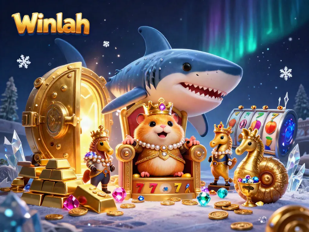 Engage with Winlah's vibrant casino scene featuring a golden hamster king, treasure, and slot symbols.