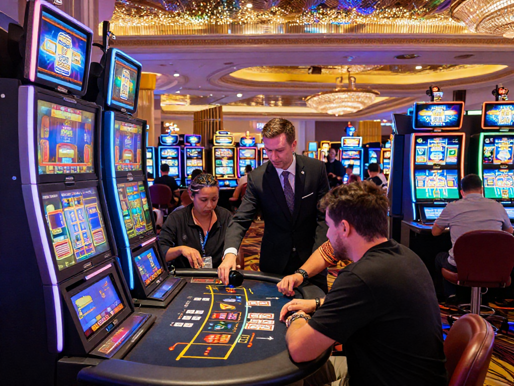 Dynamic casino environment showcasing players at situs gacor slot machines with vibrant lights.