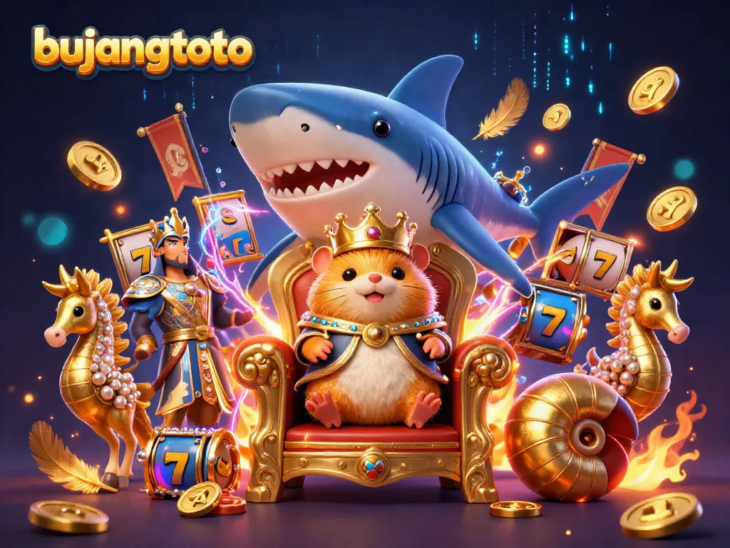 Experience the thrill of bujangtoto slots with a fierce hamster king on a throne of megalodon jaws.