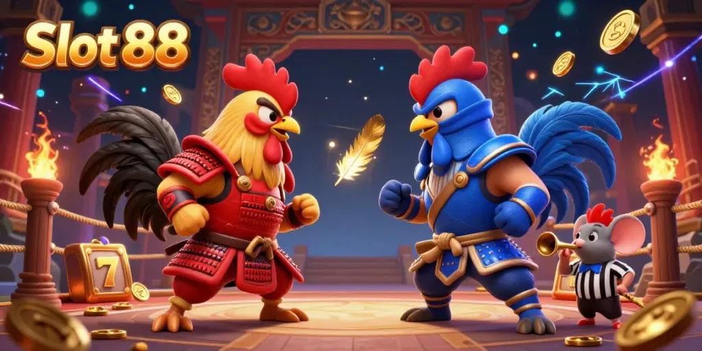 Engage in the excitement of Slot 88 as twin fighting roosters clamor among golden coins in an electrifying arena.