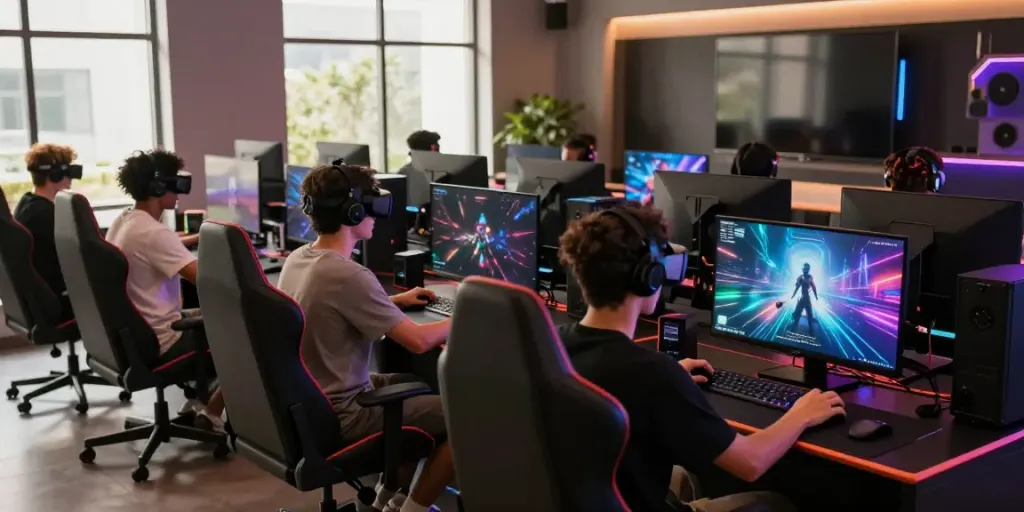 Luxury333 online gaming platform with diverse players enjoying premium gaming setups in a vibrant gaming lounge.