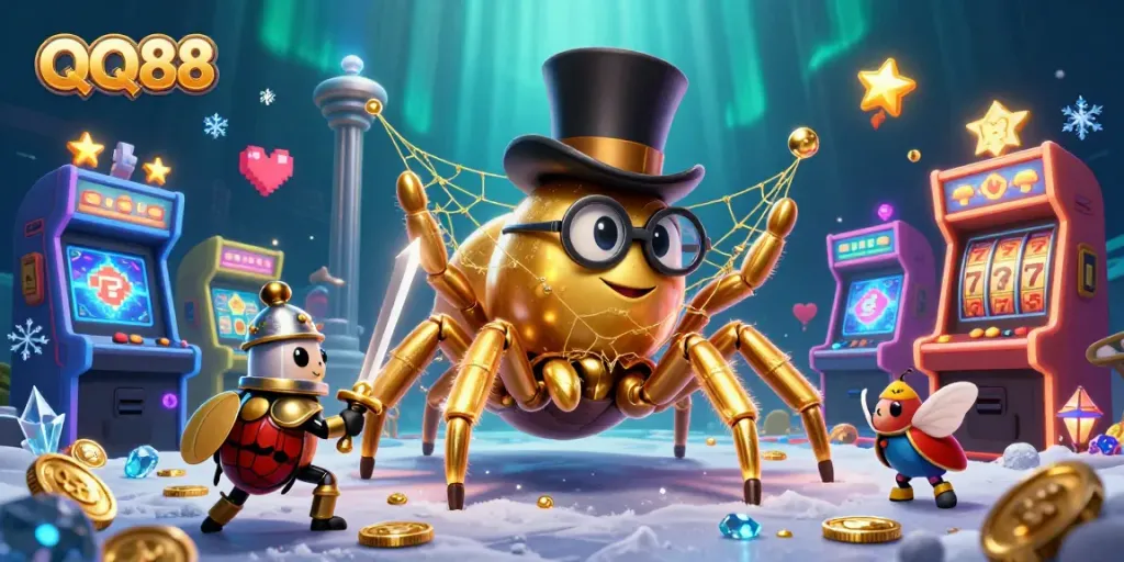 Experience exciting gameplay at QQ88 with a dynamic casino scene featuring unique characters and game elements.