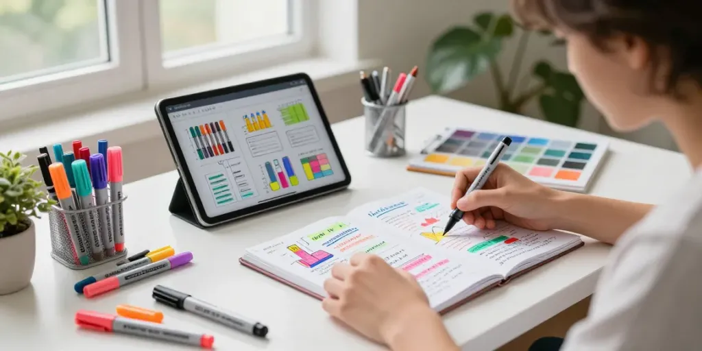 Highlighter pen supplier workspace with colorful highlighters and a designer working creatively.