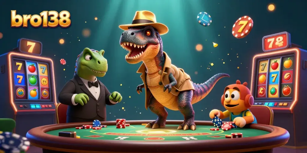 Watch a clever velociraptor at the blackjack table in bro138, amidst slot game elements and vibrant action.