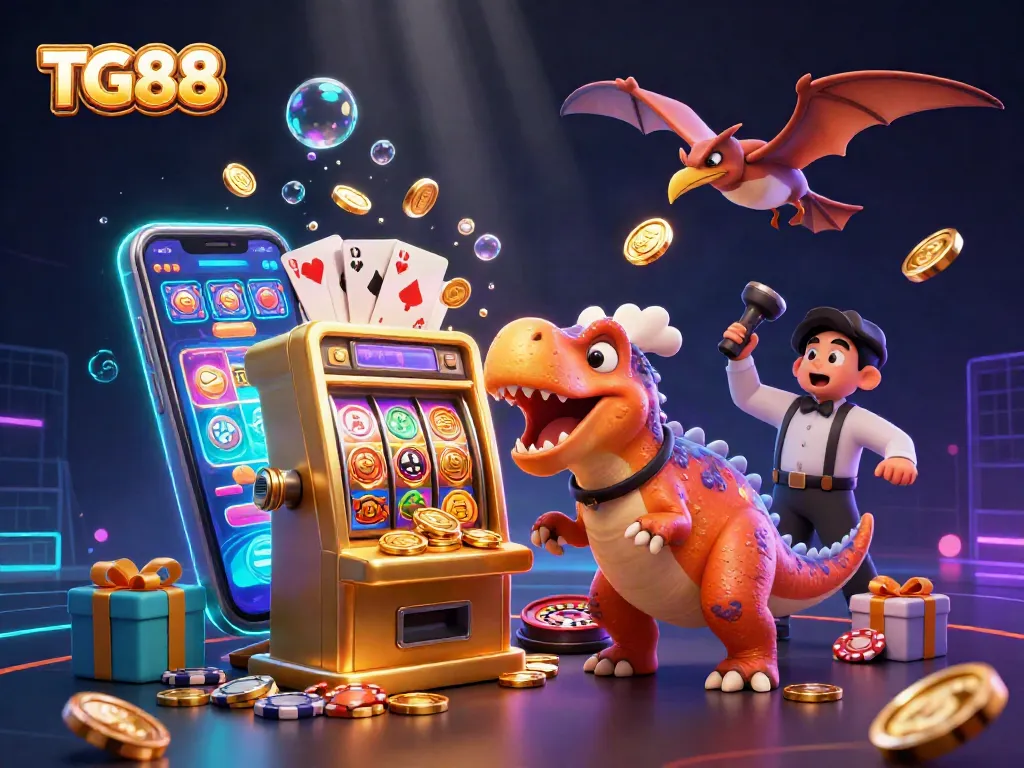 Experience the thrill of TG88 as a pachycephalosaurus wins big at the casino, surrounded by winning elements.