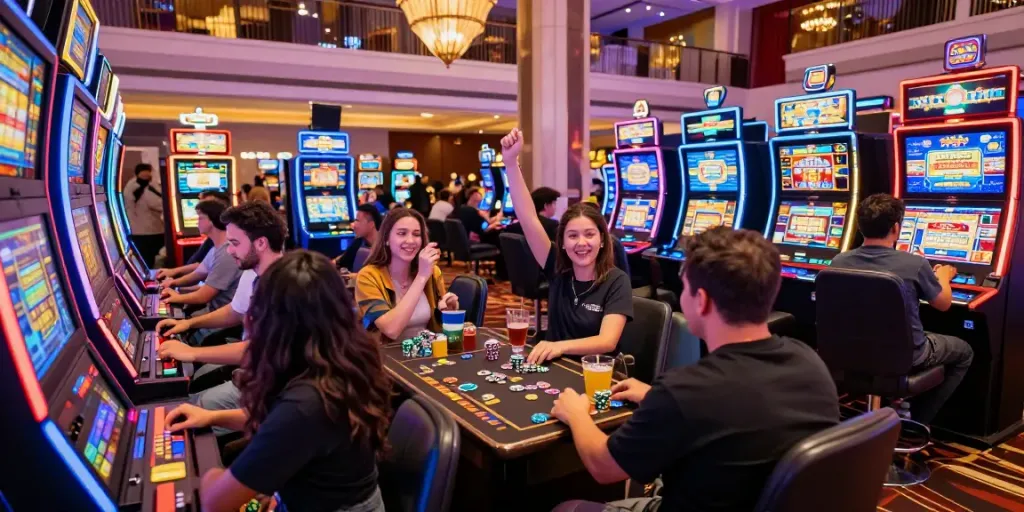 Engaged players enjoying colorful สล็อต slot machines in a vibrant casino.
