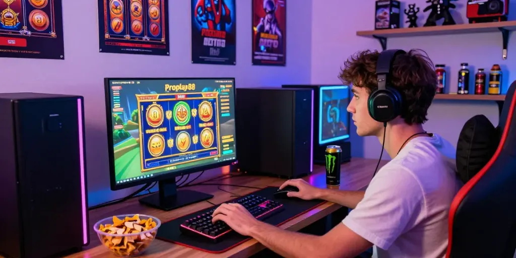Engaging gaming scene showcasing proplay88 slot games, vibrant gaming setup and energetic atmosphere.