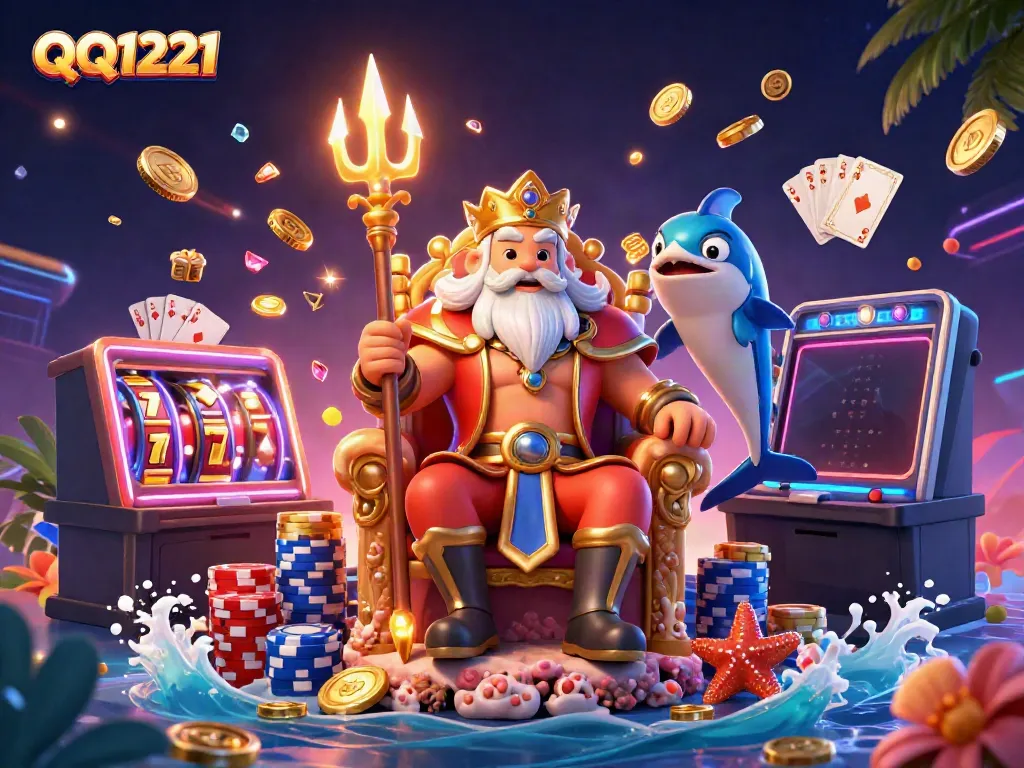 Experience winning with QQ1221 in a vibrant slot machine scene featuring Neptune and a samurai!