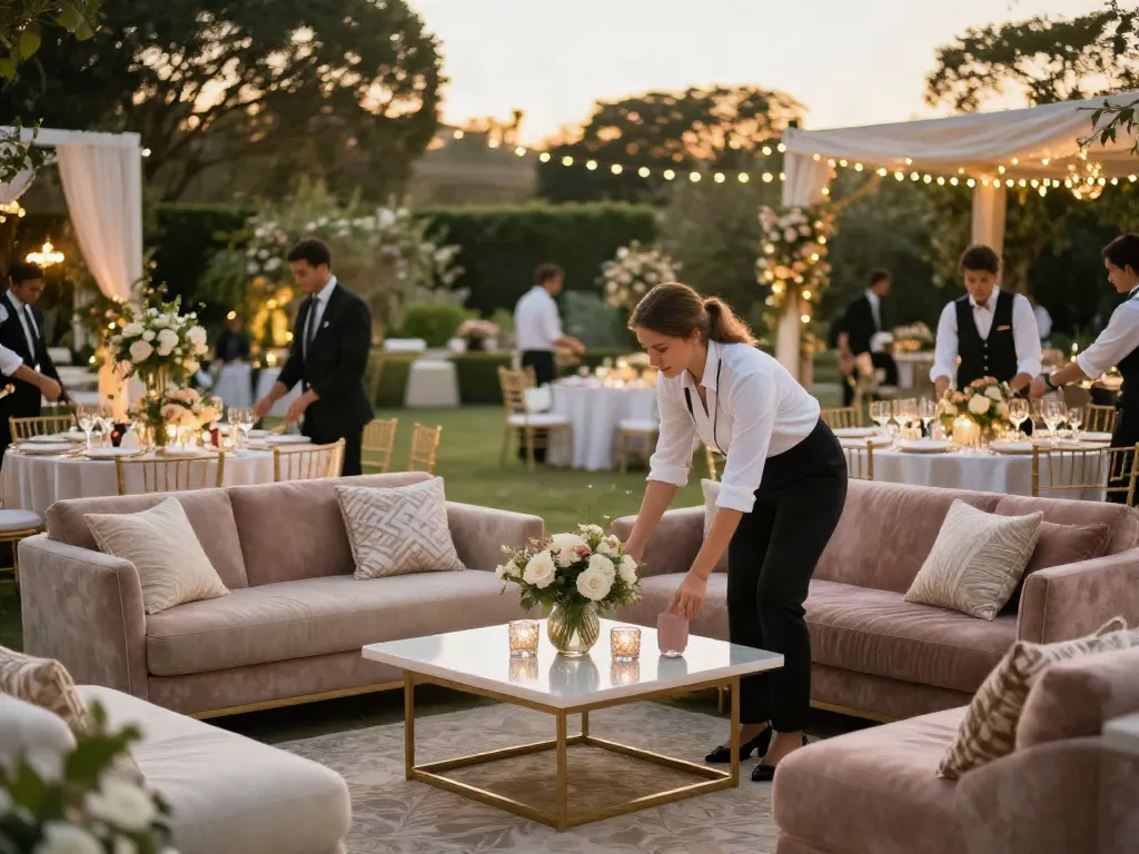 Event furniture rental setup for an elegant outdoor wedding with stylish lounge furniture and decorative elements.