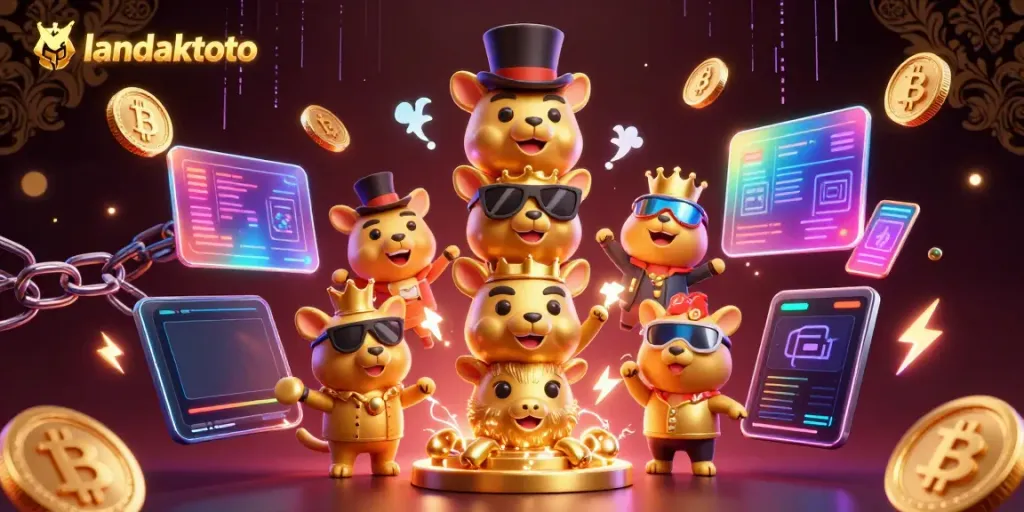 Landaktoto menghadirkan pengalaman menakjubkan dengan totem datar berwarna emas dan koin Bitcoin dalam ilustrasi digital yang kaya detail.