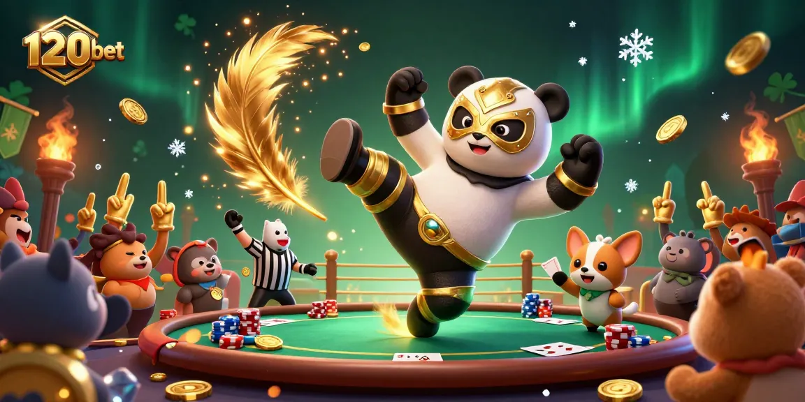 Experience thrilling action at 120bet with a panda wrestler and animal fans celebrating wins.