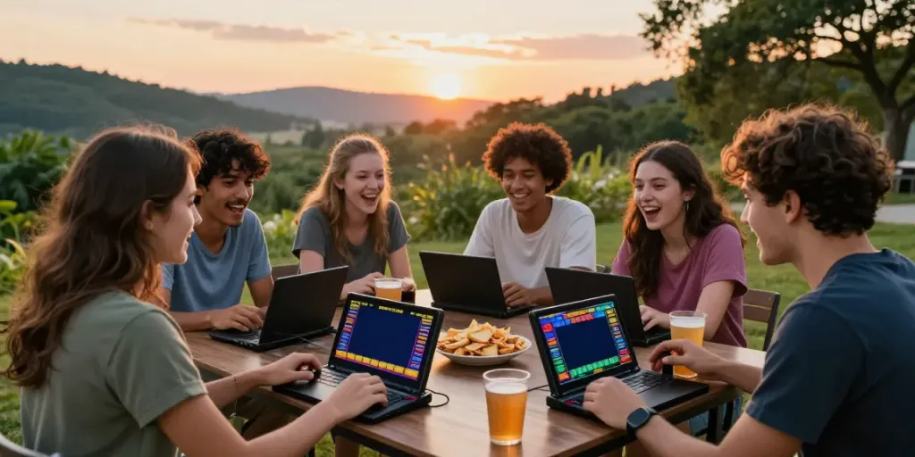 Suasana bermain game luar ruangan yang ceria dengan rajalangit77, teman-teman asyik berkumpul di meja permainan.
