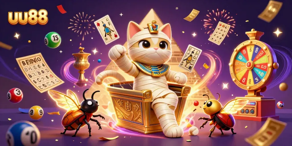 Join the excitement at uu88 with a vibrant 3D scene of the Egyptian mummy cat revealing treasures at the casino.