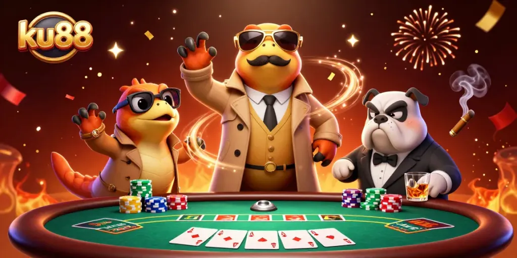 Experience thrilling games at ku88, featuring playful raptors and vibrant casino elements in a lively scene.