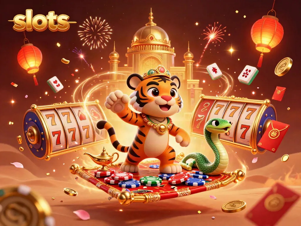 Experience thrilling slots with a 3D tiger sultan on a magic carpet surrounded by vibrant casino elements.
