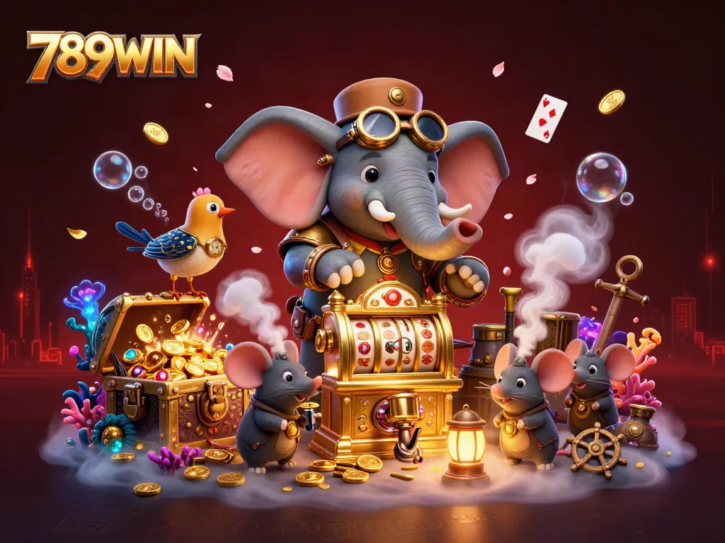 Experience thrilling wins at 789WIN with a vibrant steampunk casino scene filled with immersive gaming elements.