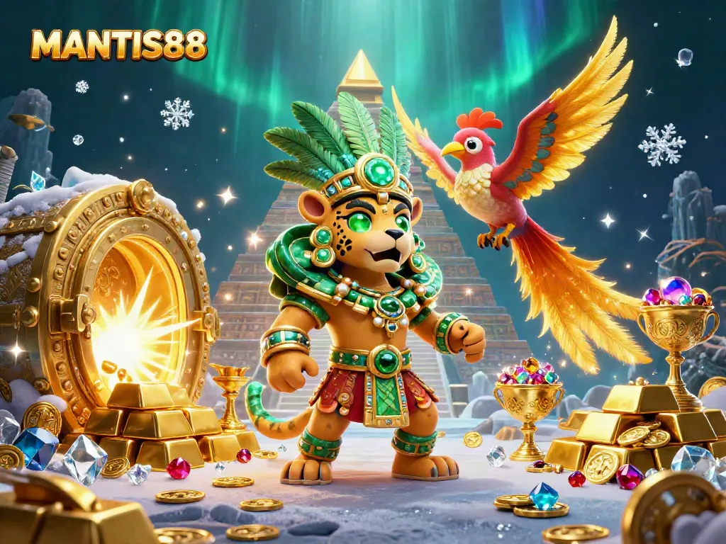 Engage with MANTIS88, a vibrant online lottery scene featuring a Mayan jaguar priest and treasure.