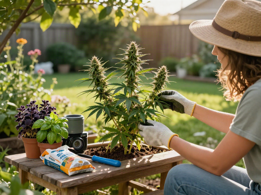 Camino cannabis garden nurturing scene with vibrant plants and peaceful atmosphere, showcasing gardening joy.