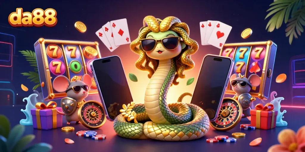 Experience thrilling gameplay at da88 with a vibrant 3D Medusa scene filled with slot games and characters.