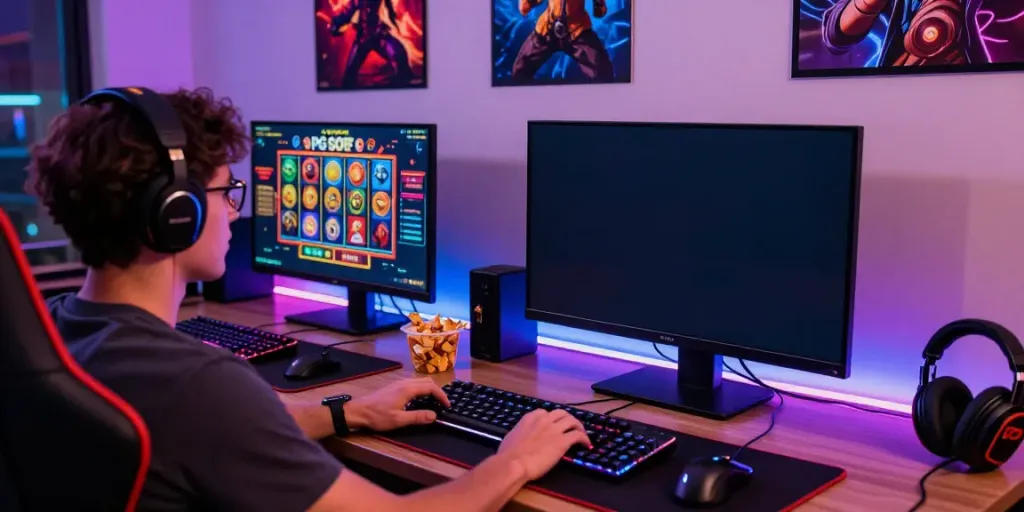 Engaging scene of a player enjoying a slot game on a high-resolution monitor, showcasing the excitement of online gaming.