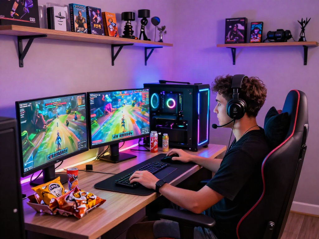Gamer engaging with porngames in a vibrant gaming studio setting with immersive tech.