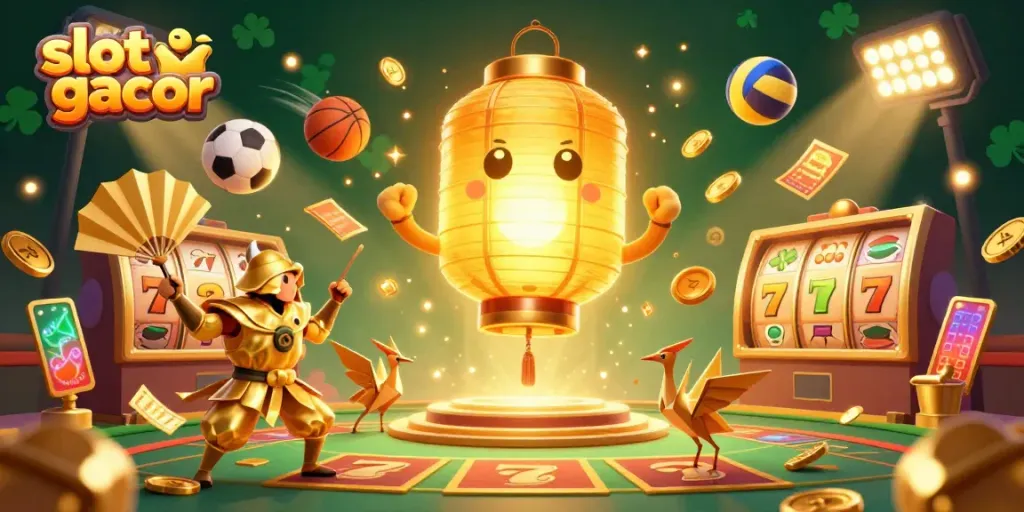 Experience the thrilling world of slot gacor with this vibrant casino scene featuring glowing lantern spirits and golden elements.