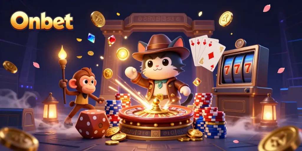 Experience excitement with Onbet's golden casino adventure in a vivid treasure-filled temple.