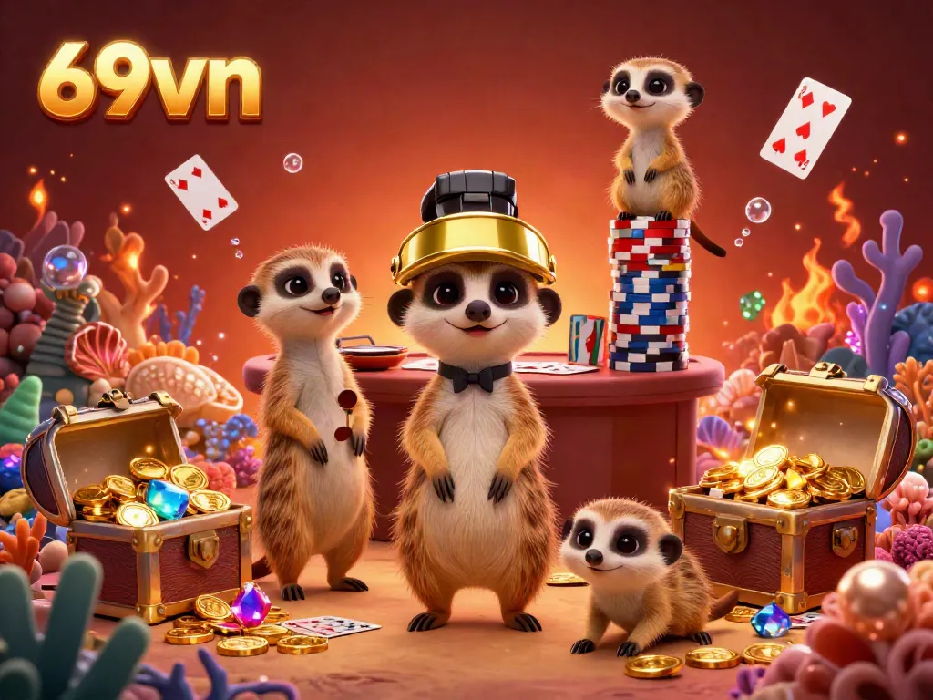 Engage in thrilling casino adventures with 69vn's meerkat casino crew managing card games and sleight.