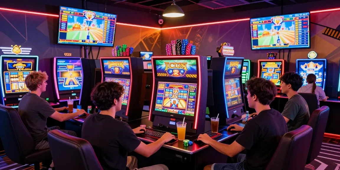 Exciting gaming lounge with players enjoying various situs slot games in vibrant neon lighting.
