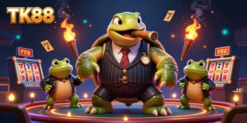 Experience the electrifying casino vibe at TK88 with a snapping turtle mobster and bullfrog enforcers.