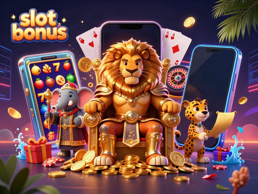Spin exciting slot bonus rewards with dynamic 3D casino characters in vibrant illustration.