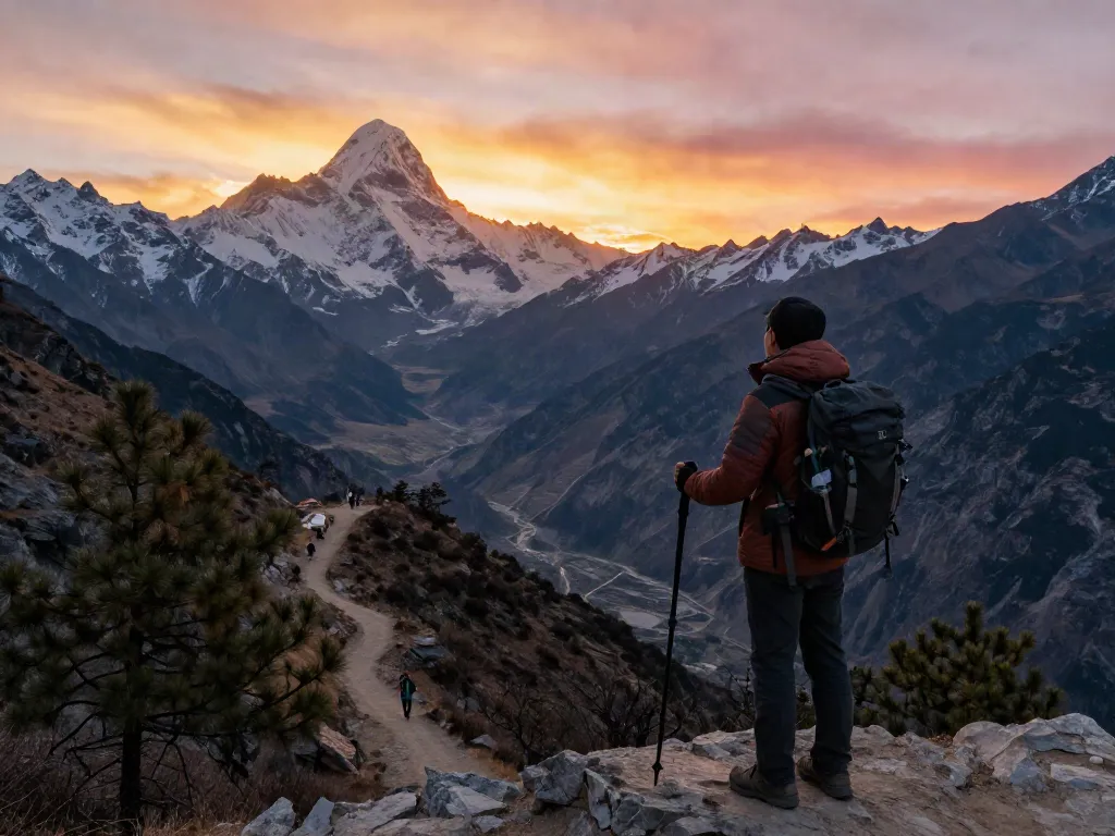 Traveler enjoying the scenic view at Manaslu Circuit Trek, with mountains and sunset.
