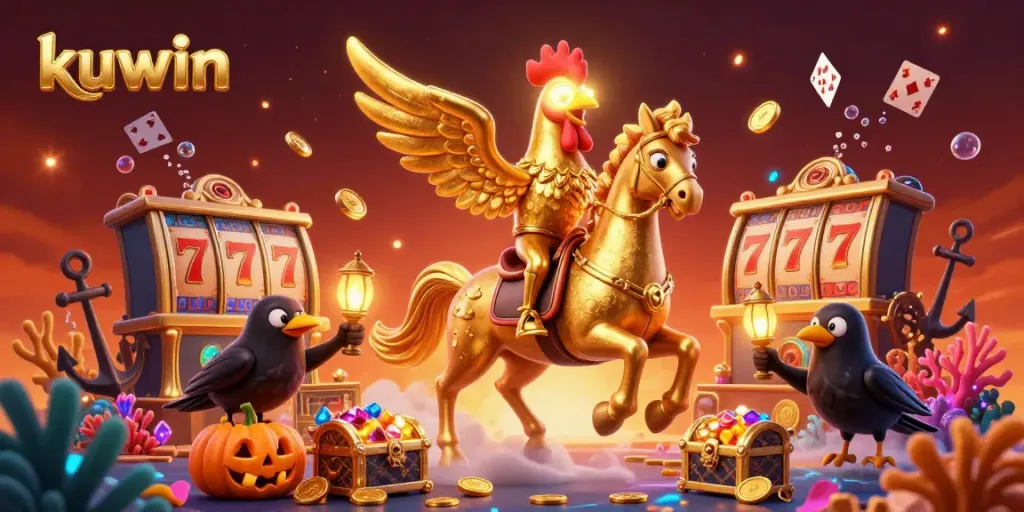 Kuwin's golden rooster and spectral horse lead a lively casino scene, rich with slot reels and gold coins.