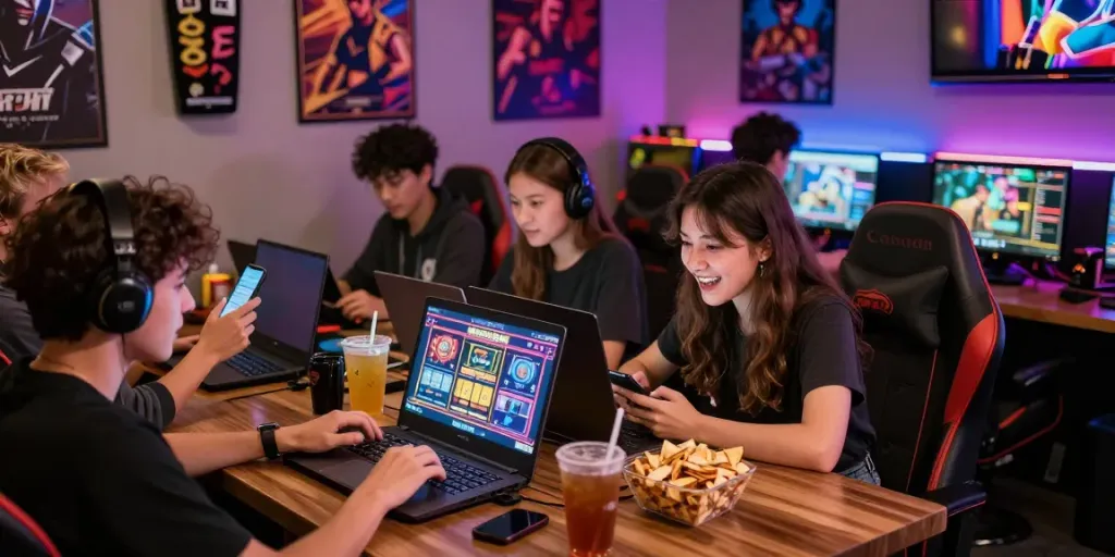 DEWI19 komunitas gaming yang dinamis dengan individu bermain slot online di lounge nyaman.