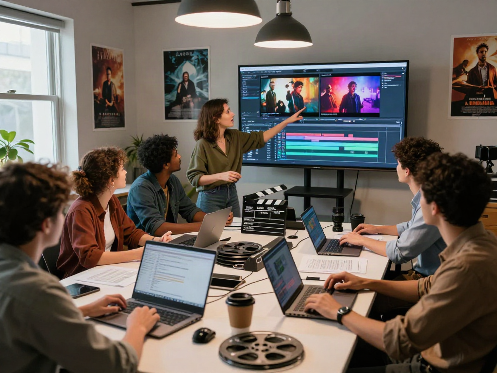 Creative film editing collaboration showcasing the filmyzilla download process in a vibrant studio with young professionals engaged in project discussions.