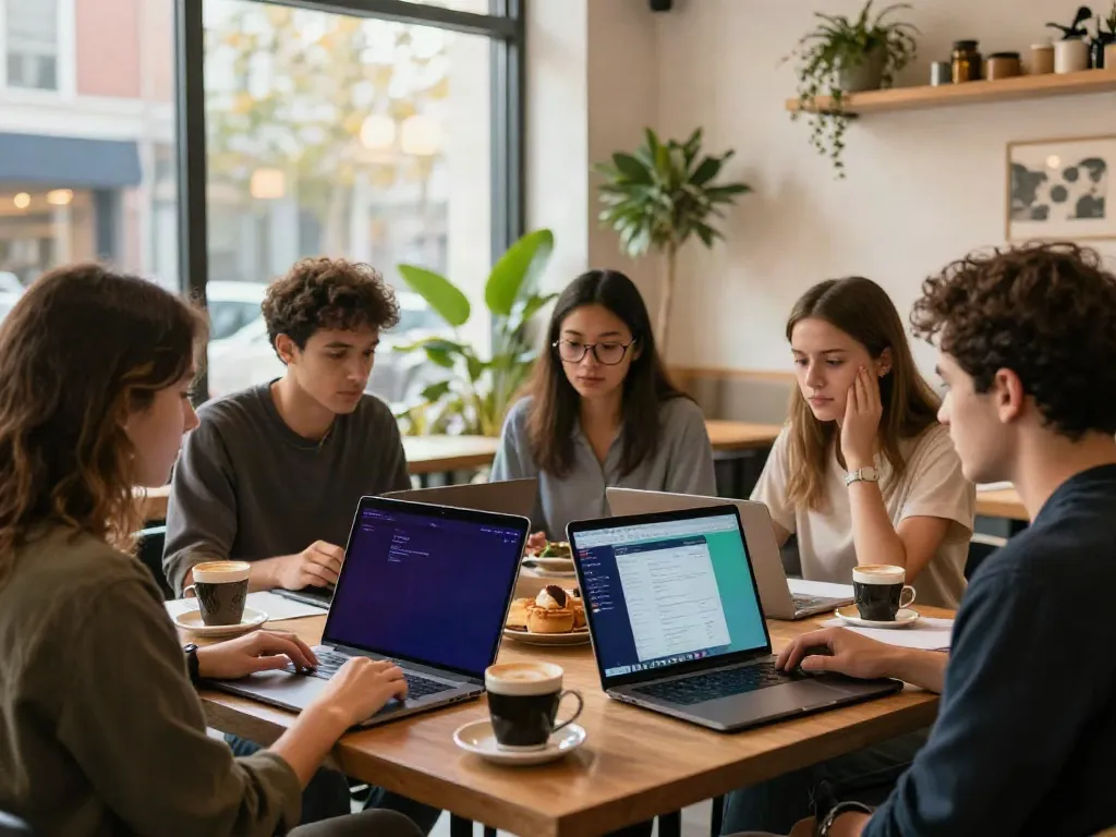 Group exploring alternatives to QOVES in a lively coffee shop.