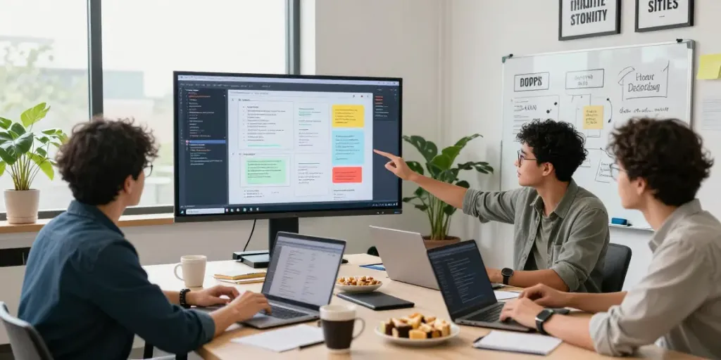 Team collaborating on MVP development service in modern workspace, featuring wireframes and laptops.