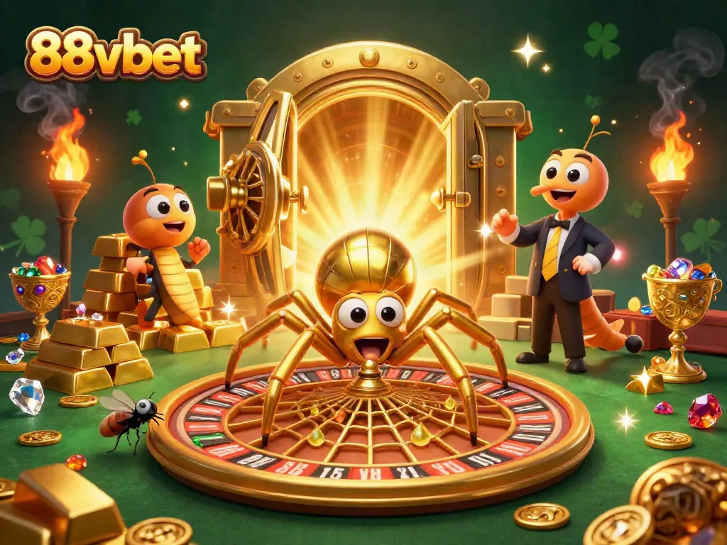 88vbet players excitedly wager at a lively roulette-themed casino illustration.