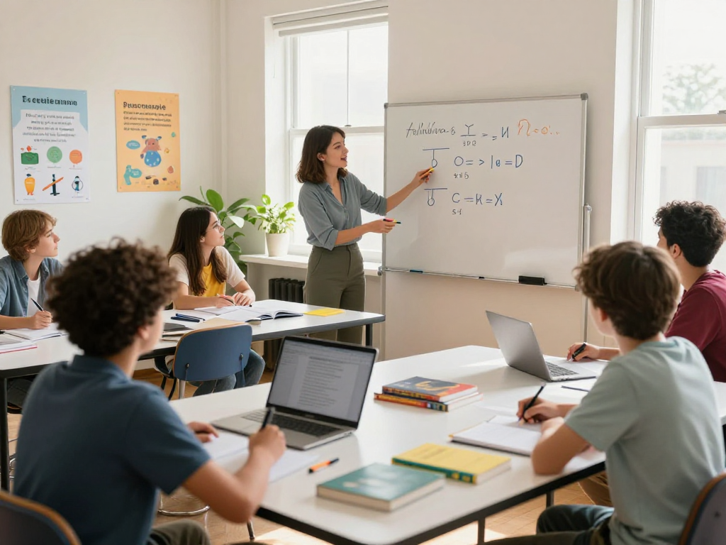 Students engaging in tuition classes near me with a dedicated tutor in a vibrant classroom setting.
