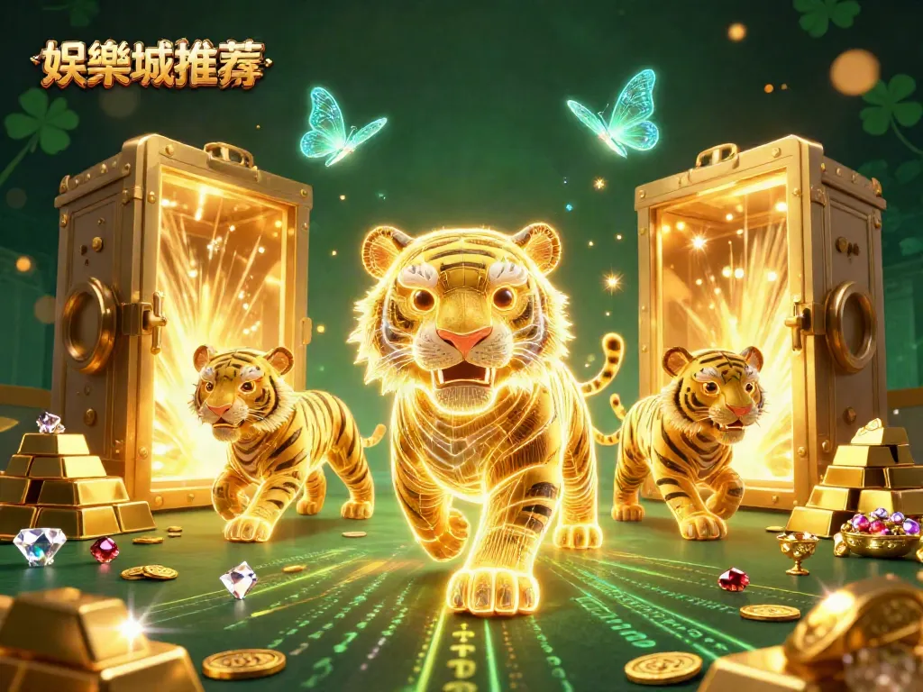 在娛樂城推薦的虛擬賭場中，金色老虎與其伴隨的蝴蝶在燦爛的金光中遊走。