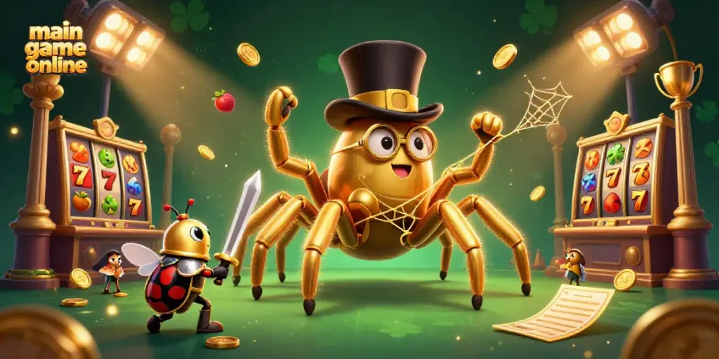 Engage in main game online adventures with an illustration of a golden tarantula spinning a web among casino elements.