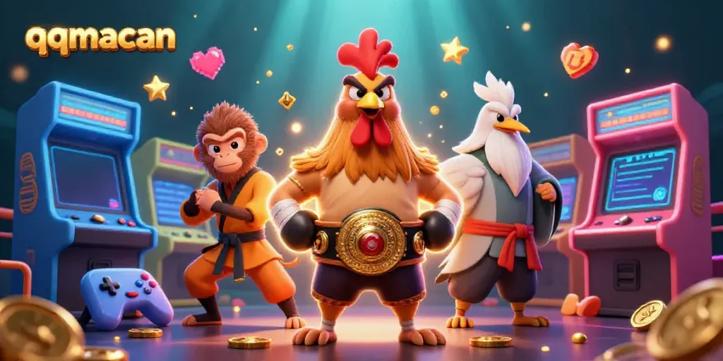 Engage with the vivid world of qqmacan as colorful arcade machines and dynamic characters blend in a gaming spectacle.