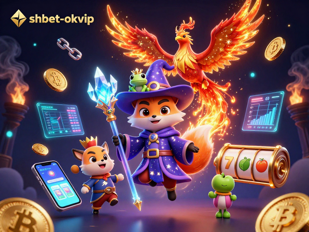 Spin to win with shbet-okvip's magical gaming experience featuring vibrant 3D characters and crypto elements.