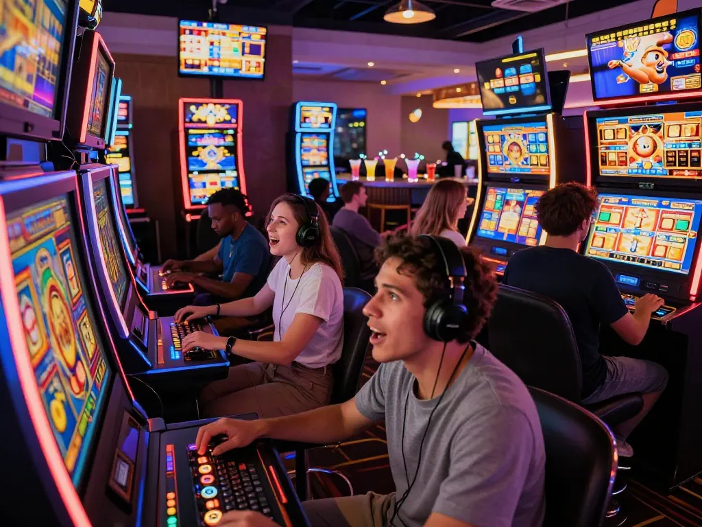 Group of players engaged at slot machines in an exciting casino atmosphere, showcasing colorful screens and vibrant gaming experience.